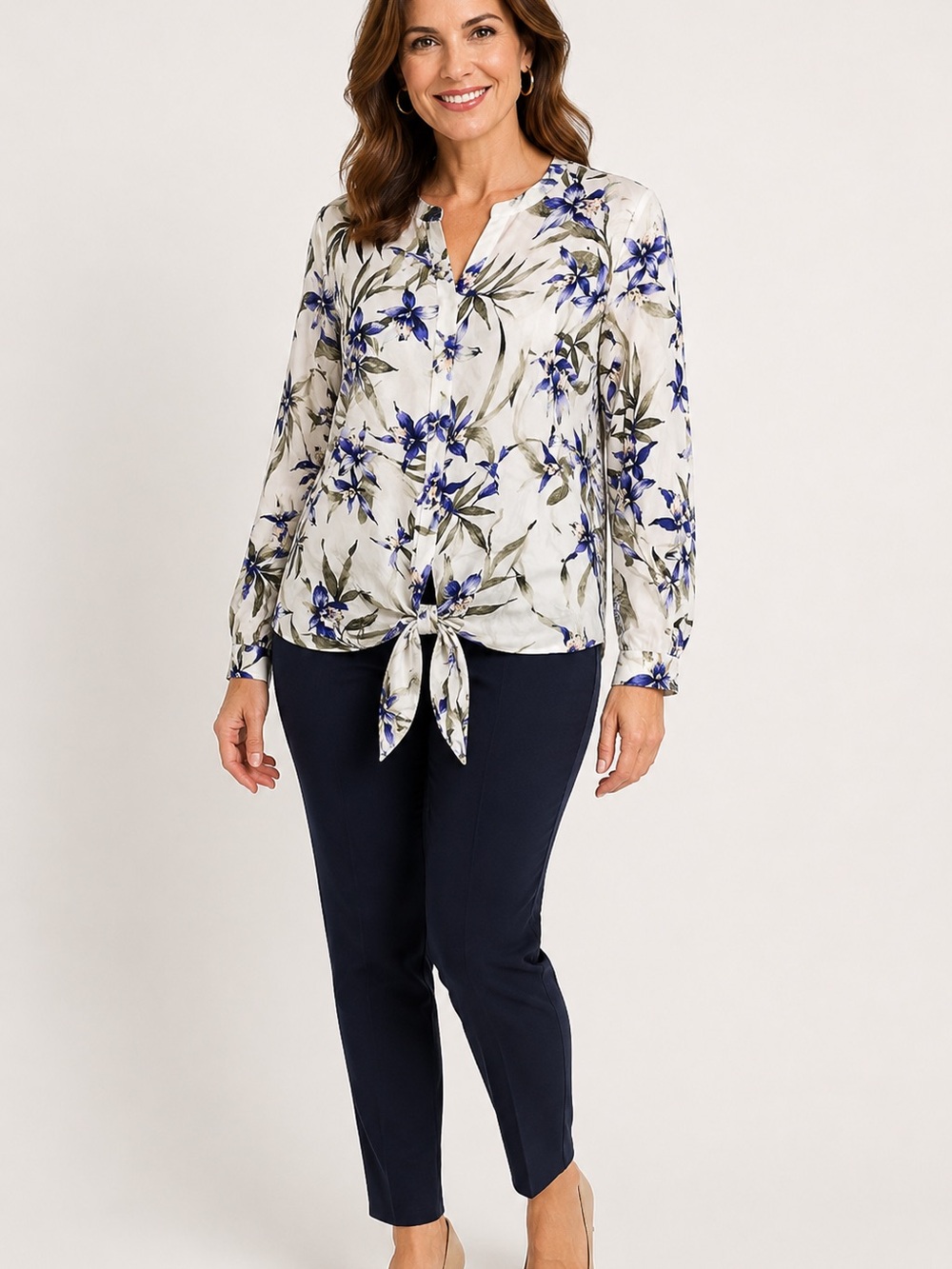 Floral Tie-Front Long-Sleeve Blouse - White & Blue